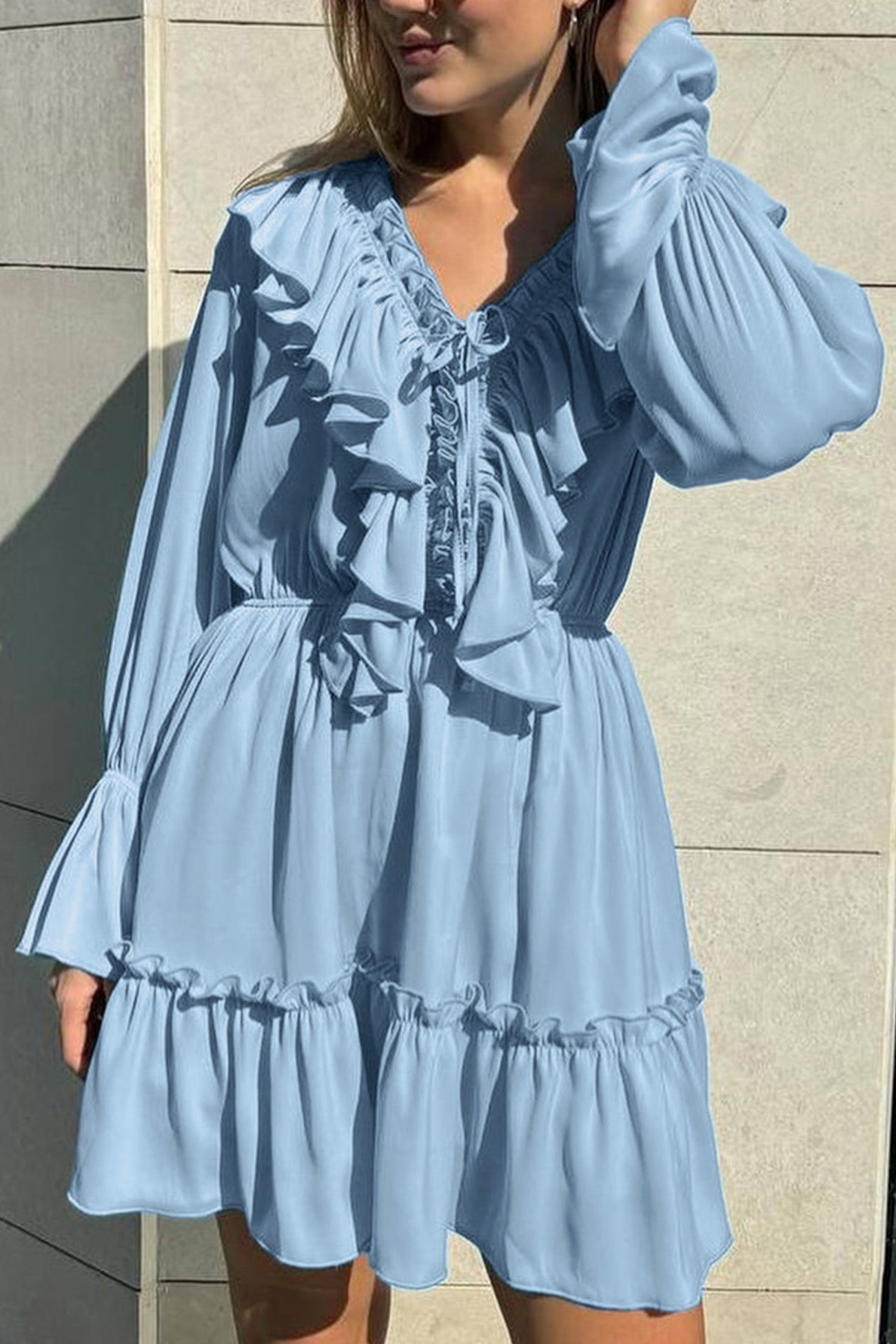 Ruffle Trim Deep V-Neck Long Sleeve Tiered Ruffle Hem Mini Dress