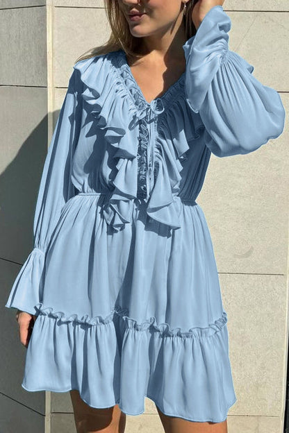 Ruffle Trim Deep V-Neck Long Sleeve Tiered Ruffle Hem Mini Dress