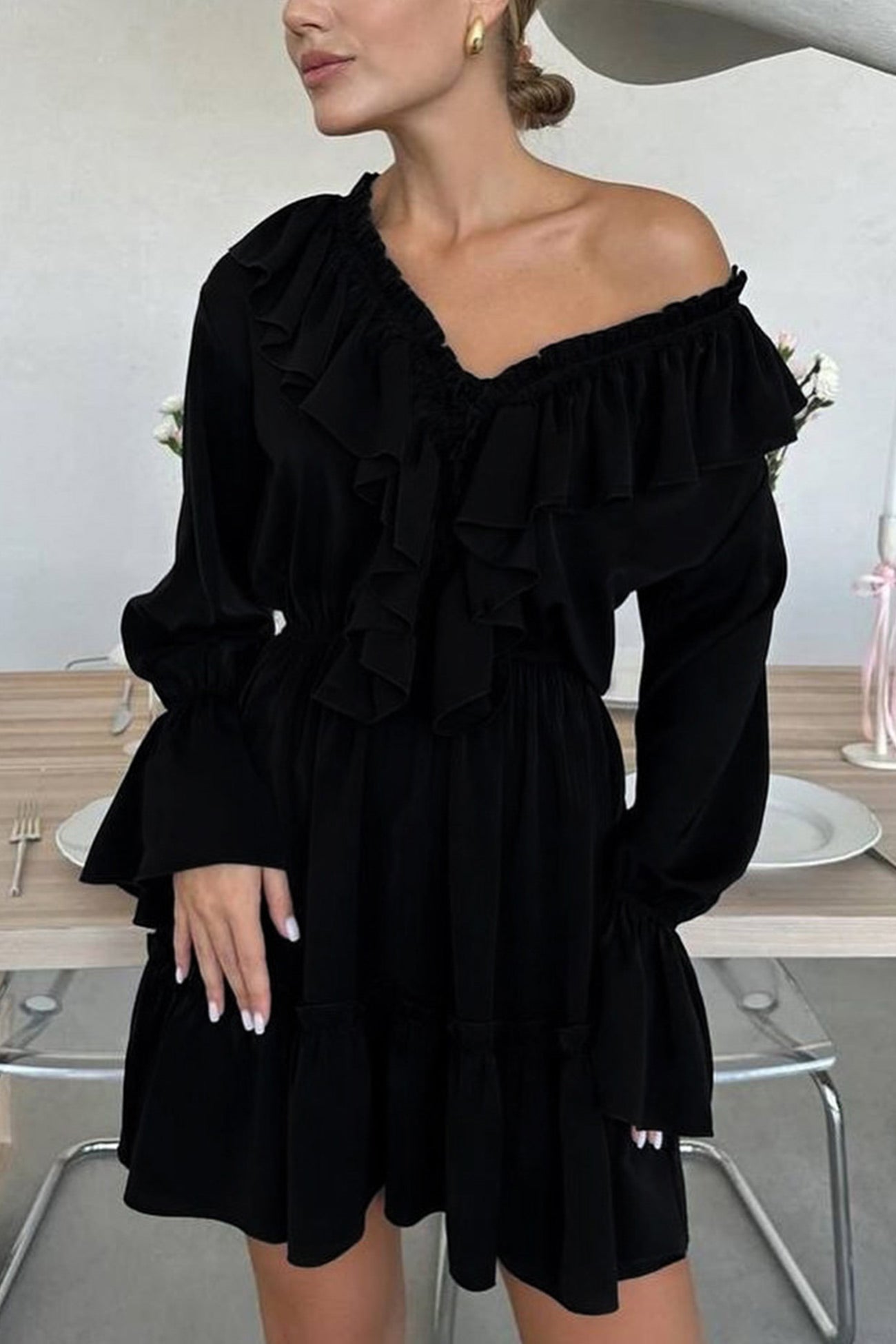 Ruffle Trim Deep V-Neck Long Sleeve Tiered Ruffle Hem Mini Dress