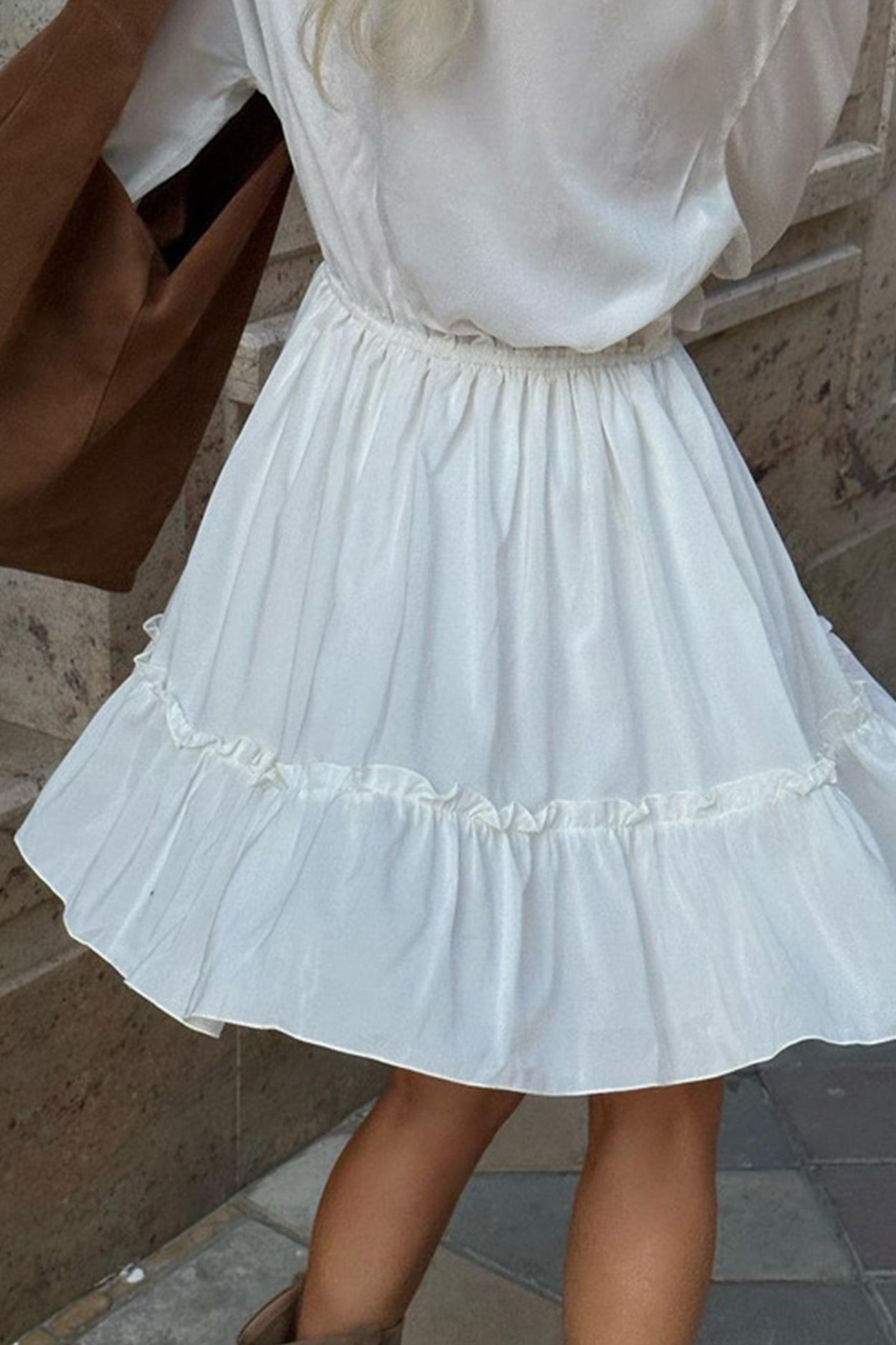 Ruffle Trim Deep V-Neck Long Sleeve Tiered Ruffle Hem Mini Dress