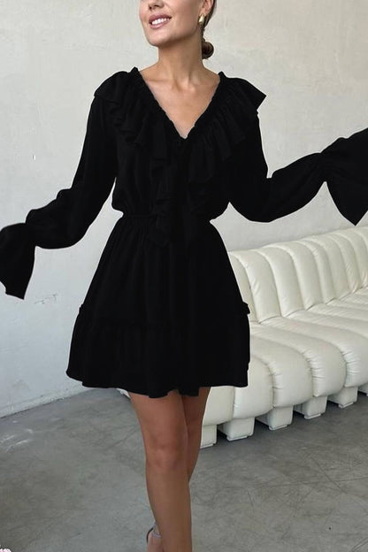 Ruffle Trim Deep V-Neck Long Sleeve Tiered Ruffle Hem Mini Dress