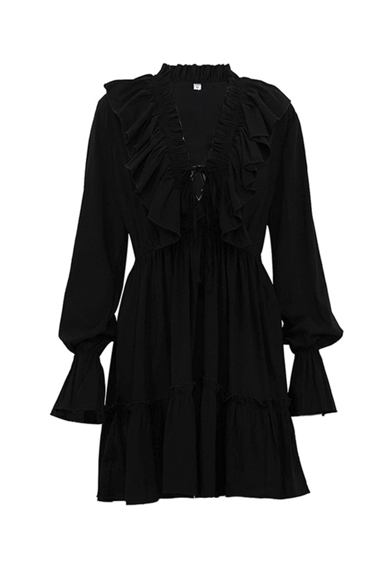 Ruffle Trim Deep V-Neck Long Sleeve Tiered Ruffle Hem Mini Dress