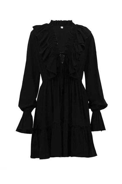 Ruffle Trim Deep V-Neck Long Sleeve Tiered Ruffle Hem Mini Dress