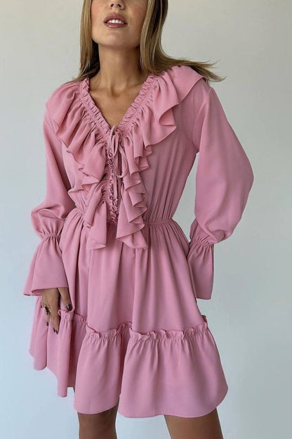 Ruffle Trim Deep V-Neck Long Sleeve Tiered Ruffle Hem Mini Dress