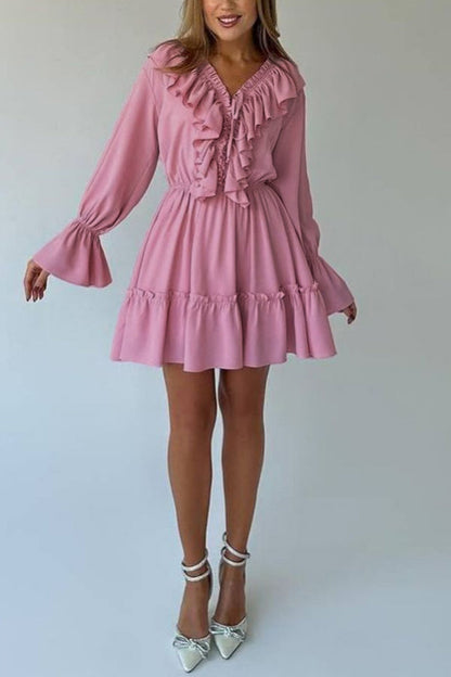 Ruffle Trim Deep V-Neck Long Sleeve Tiered Ruffle Hem Mini Dress