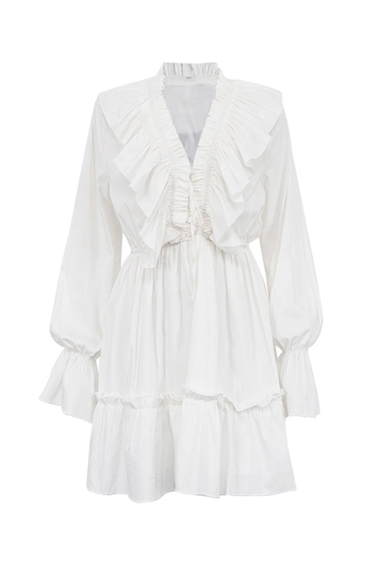 Ruffle Trim Deep V-Neck Long Sleeve Tiered Ruffle Hem Mini Dress