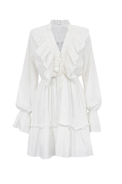 Ruffle Trim Deep V-Neck Long Sleeve Tiered Ruffle Hem Mini Dress