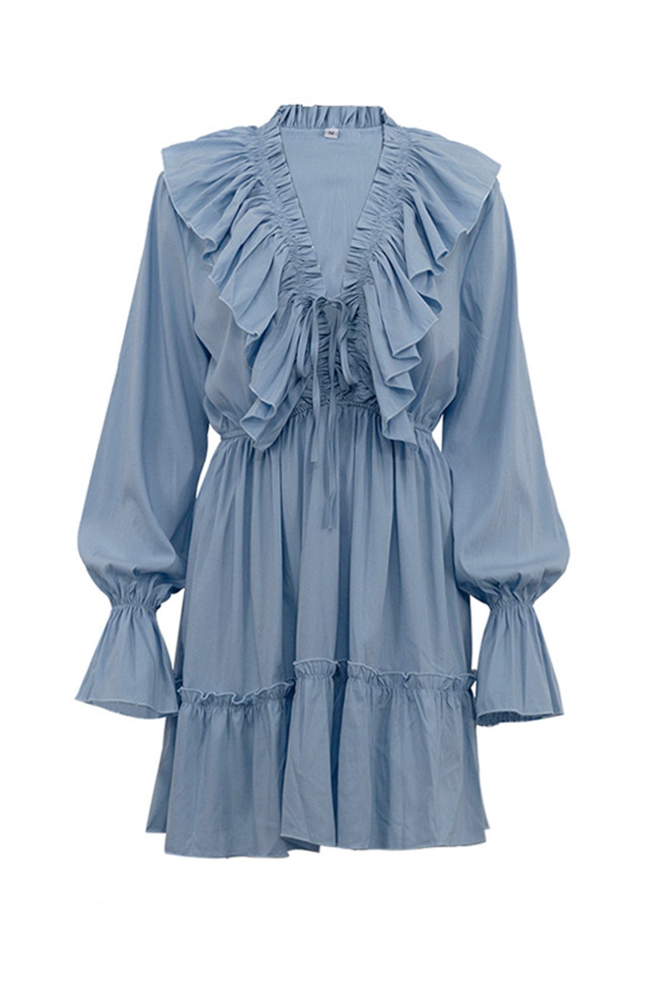 Ruffle Trim Deep V-Neck Long Sleeve Tiered Ruffle Hem Mini Dress