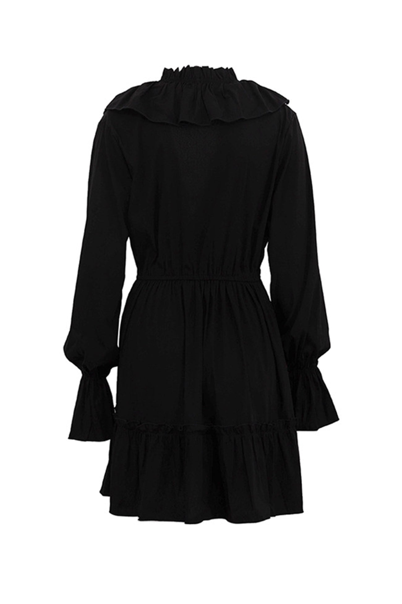 Ruffle Trim Deep V-Neck Long Sleeve Tiered Ruffle Hem Mini Dress