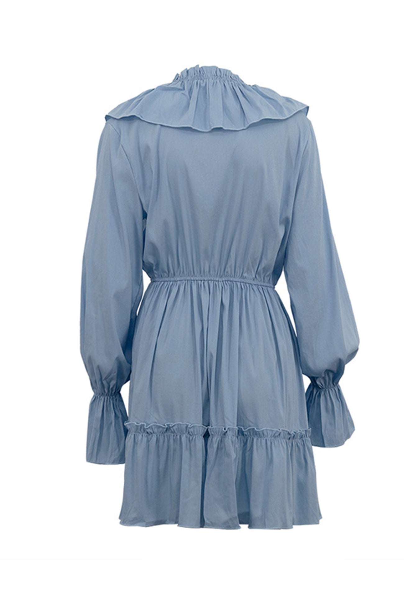 Ruffle Trim Deep V-Neck Long Sleeve Tiered Ruffle Hem Mini Dress