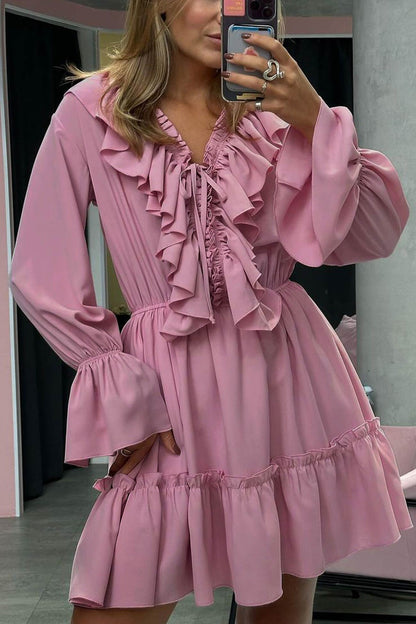 Ruffle Trim Deep V-Neck Long Sleeve Tiered Ruffle Hem Mini Dress