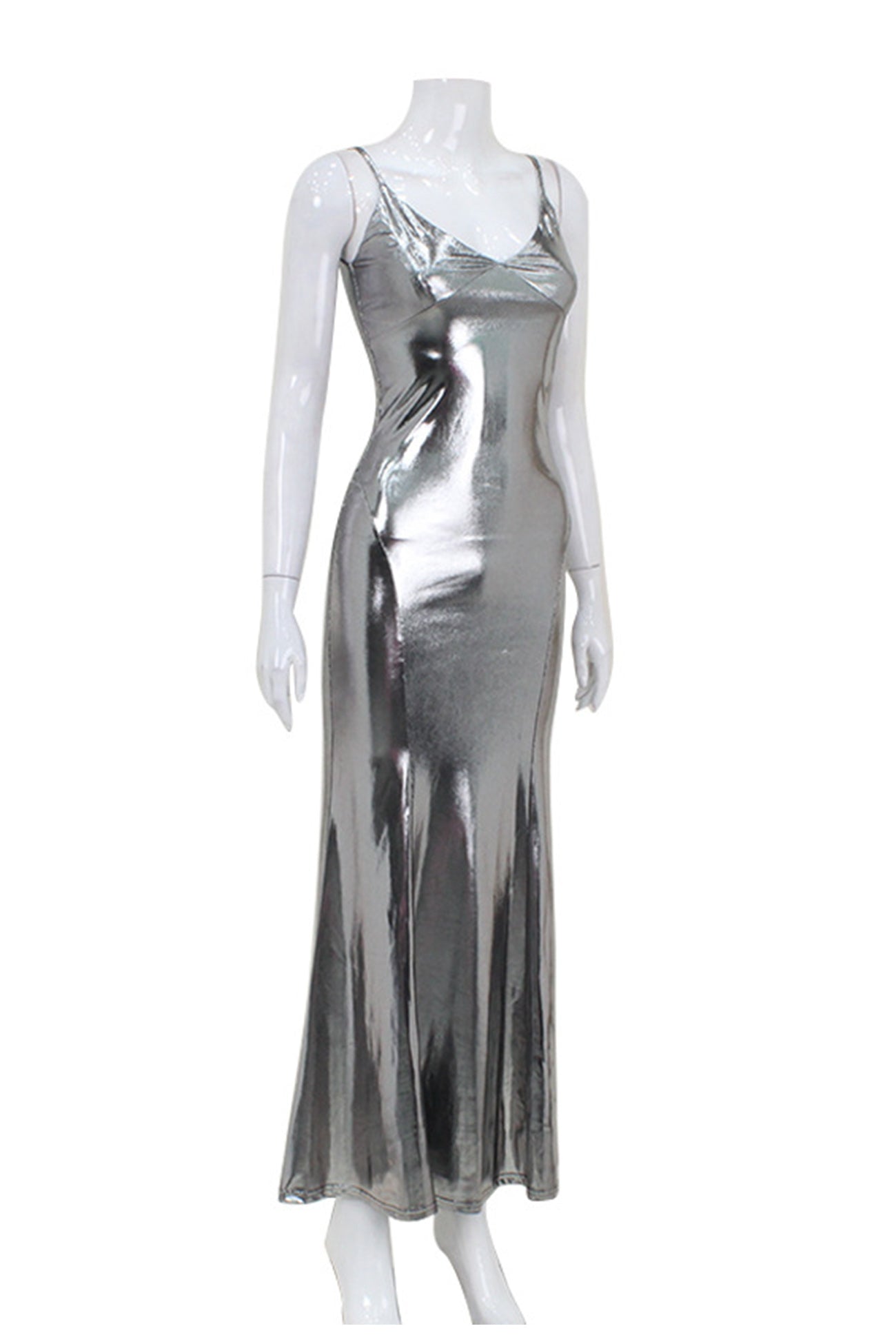 V Neck Shiny Fishtail Maxi Dress