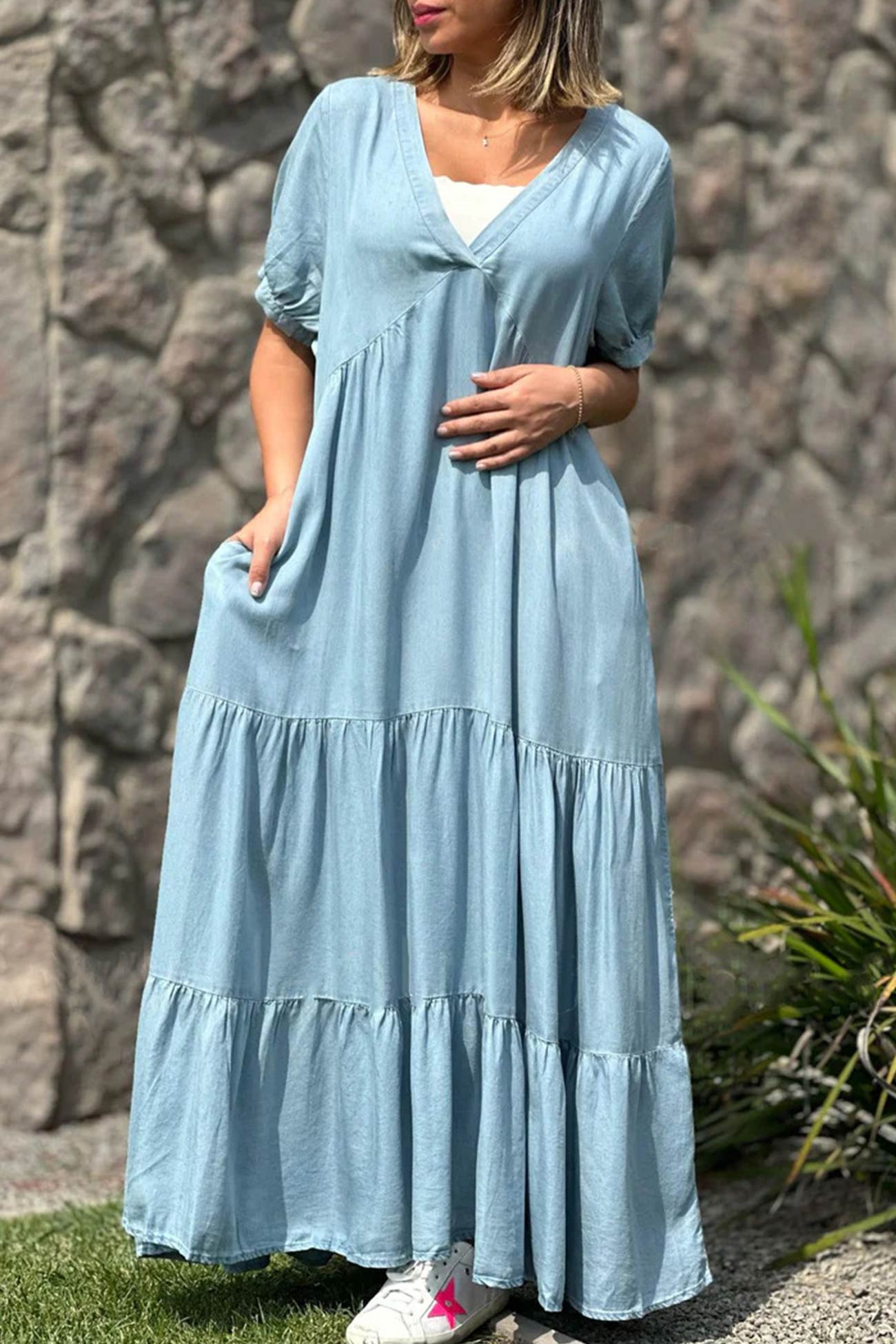 V Neck Short Sleeve Faux Denim Tiered Dress