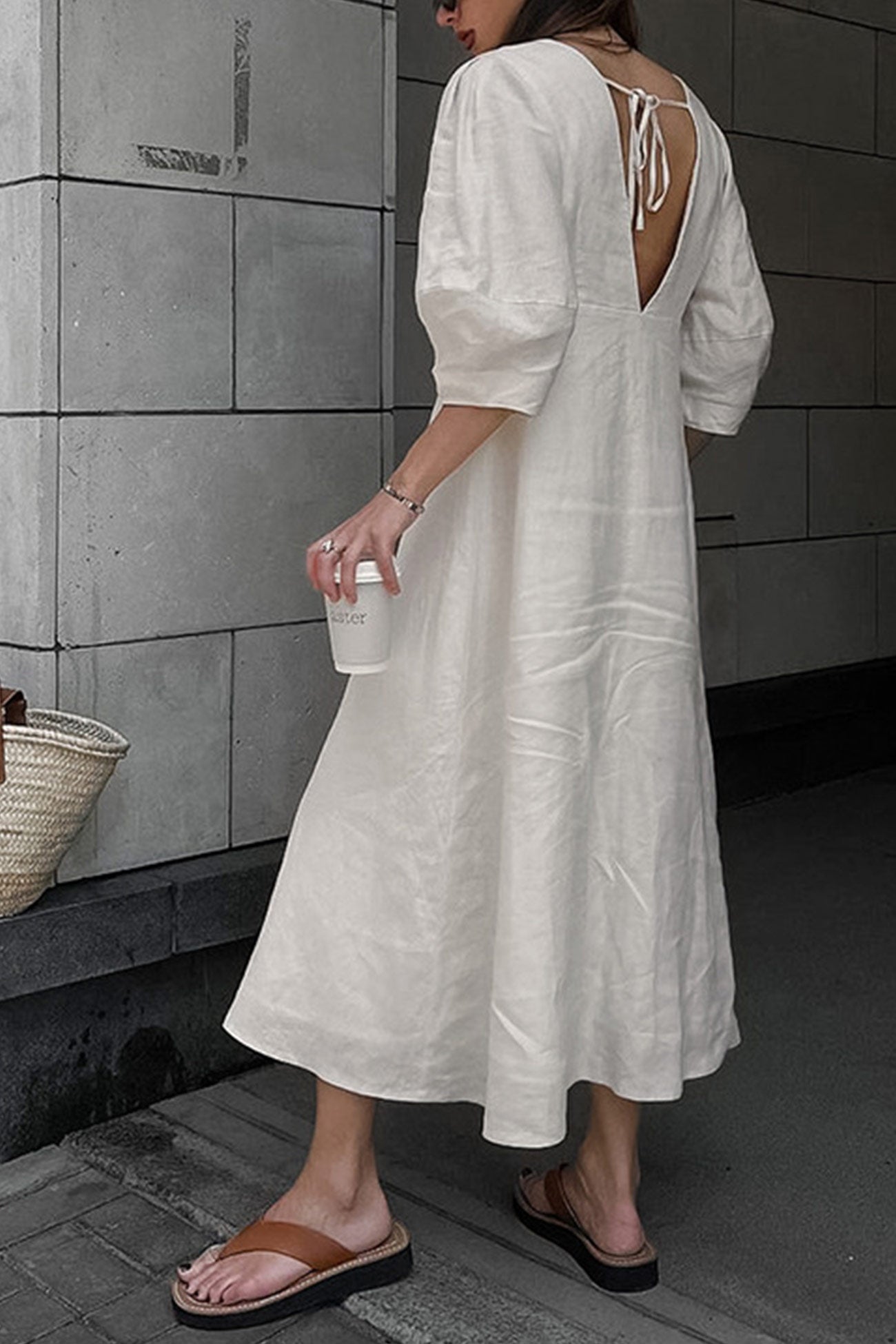 Deep V-Neck Puff Sleeve Button Front Linen A-Line Midi Dress