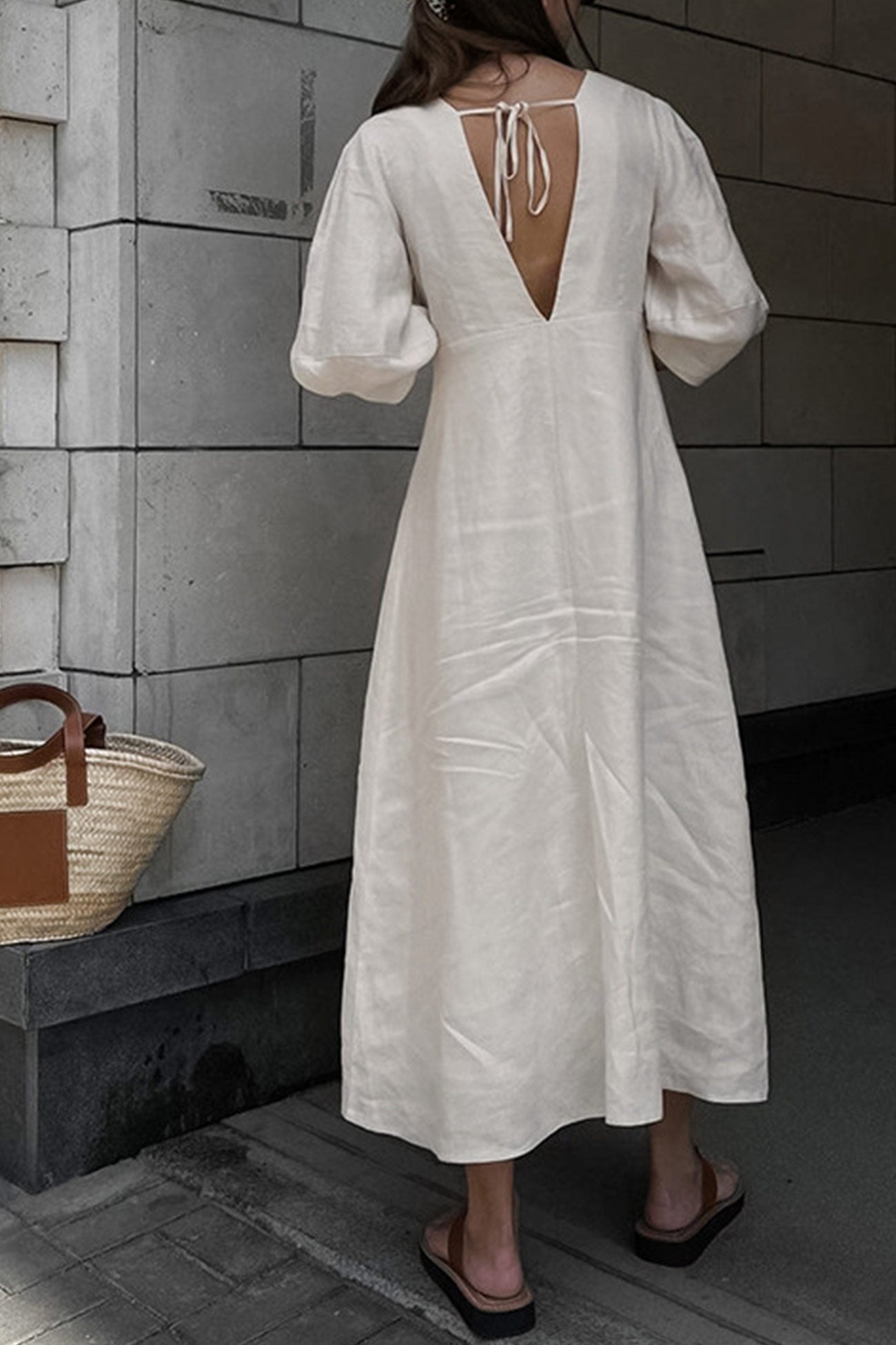 Deep V-Neck Puff Sleeve Button Front Linen A-Line Midi Dress