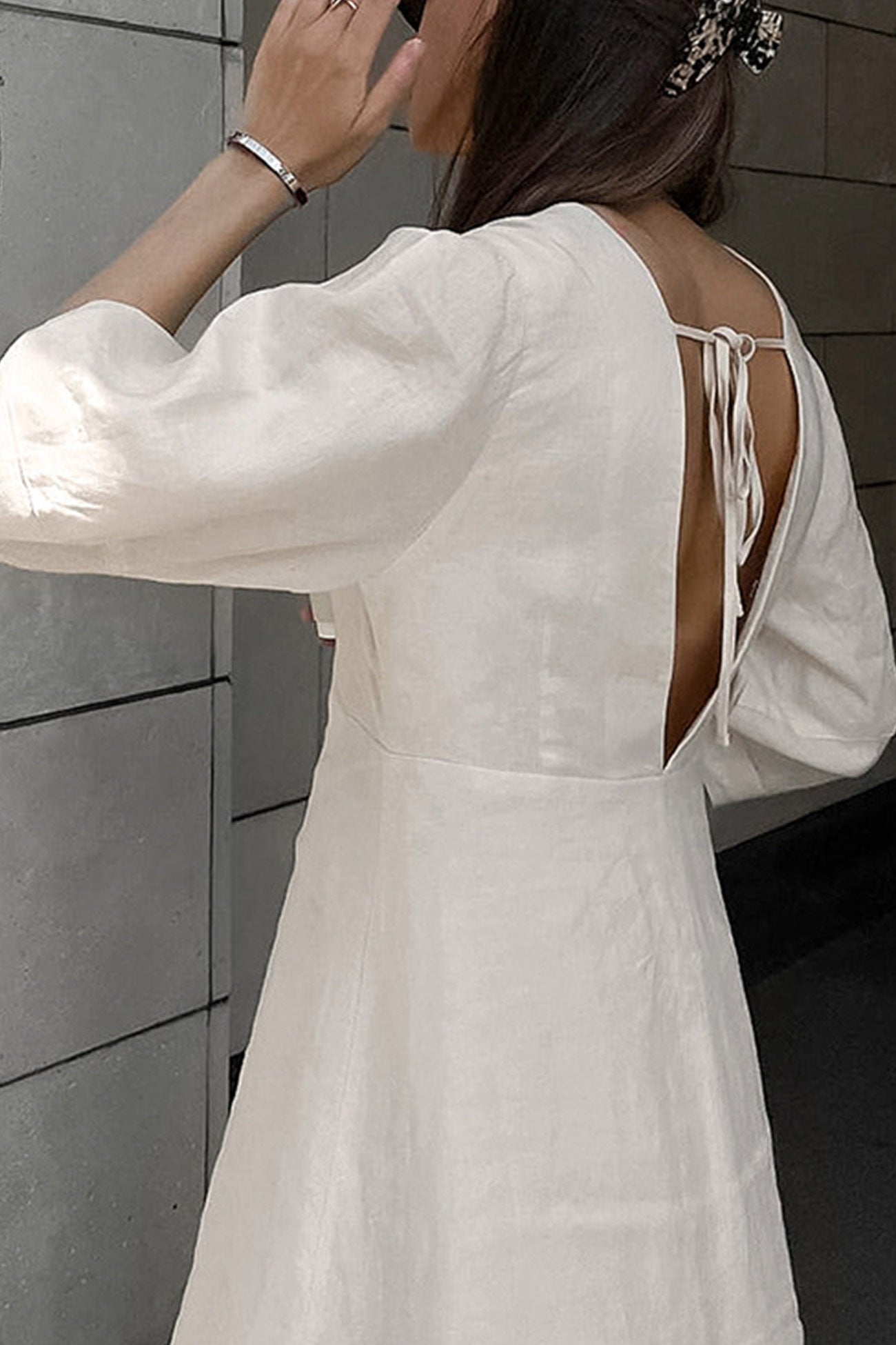 Deep V-Neck Puff Sleeve Button Front Linen A-Line Midi Dress