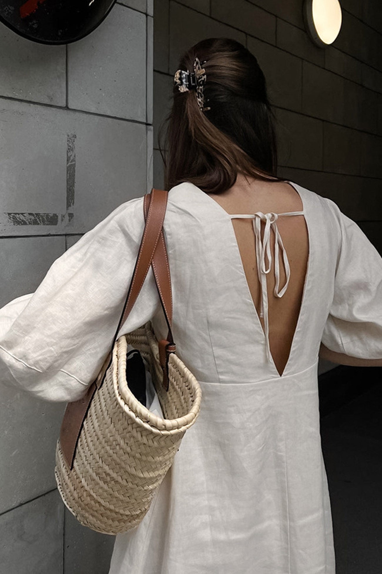 Deep V-Neck Puff Sleeve Button Front Linen A-Line Midi Dress