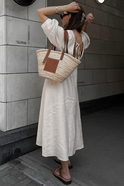 Deep V-Neck Puff Sleeve Button Front Linen A-Line Midi Dress