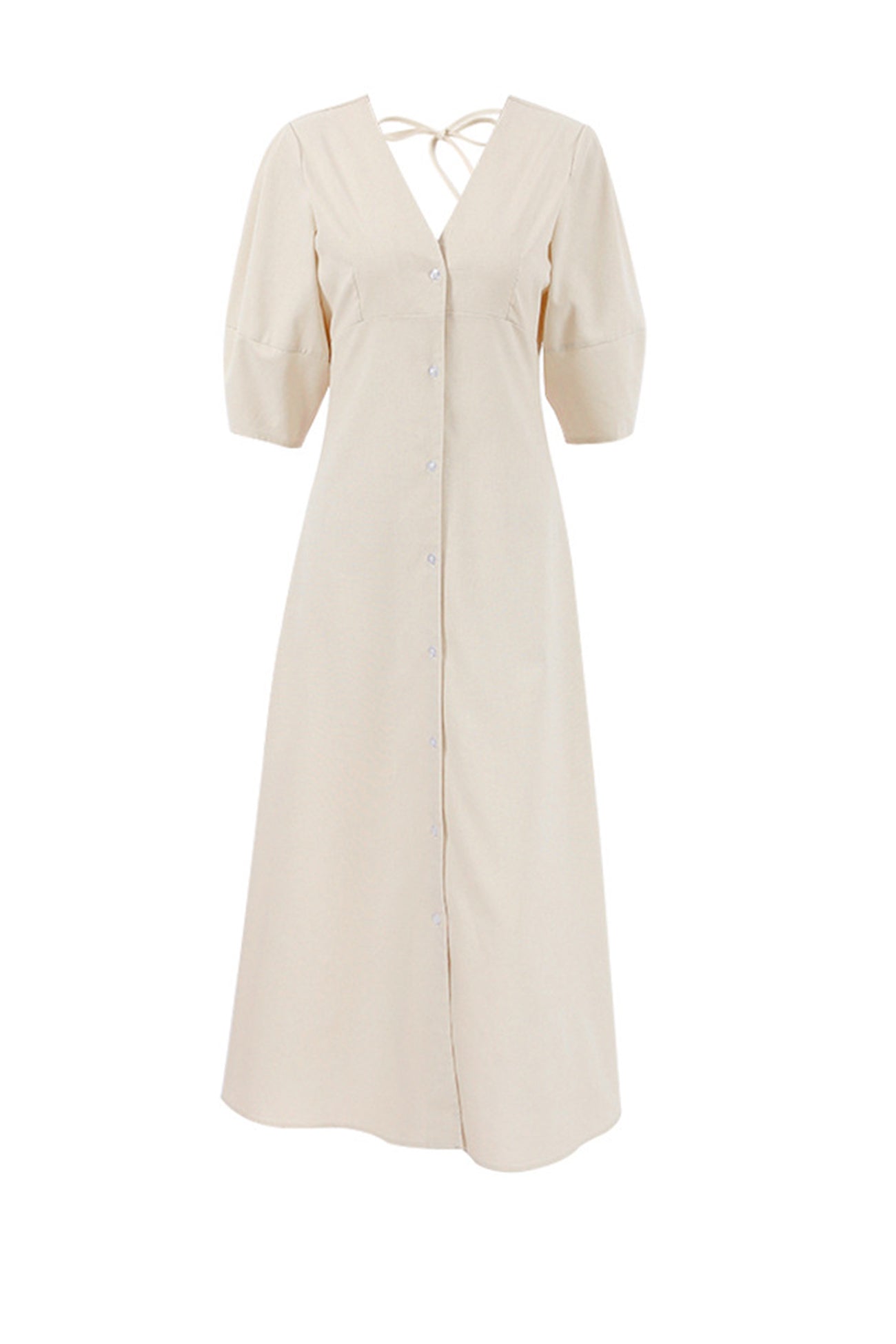 Deep V-Neck Puff Sleeve Button Front Linen A-Line Midi Dress