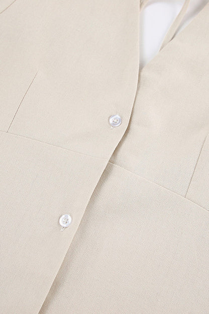 Deep V-Neck Puff Sleeve Button Front Linen A-Line Midi Dress