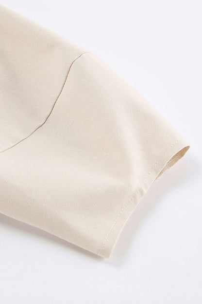 Deep V-Neck Puff Sleeve Button Front Linen A-Line Midi Dress