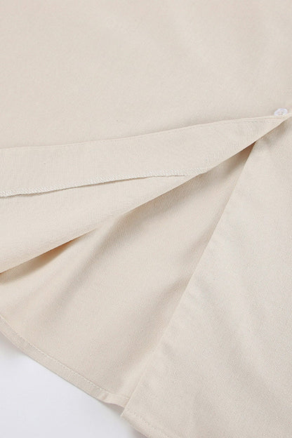 Deep V-Neck Puff Sleeve Button Front Linen A-Line Midi Dress