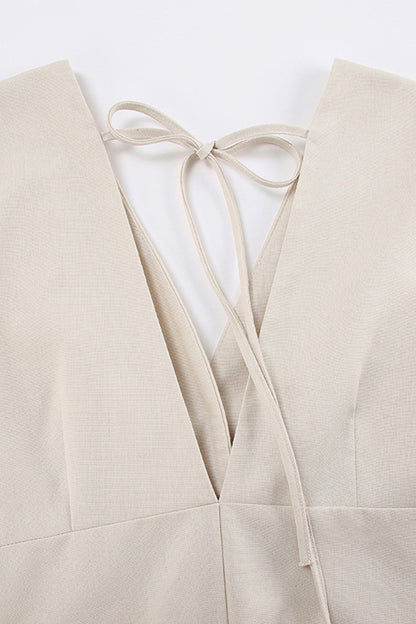 Deep V-Neck Puff Sleeve Button Front Linen A-Line Midi Dress