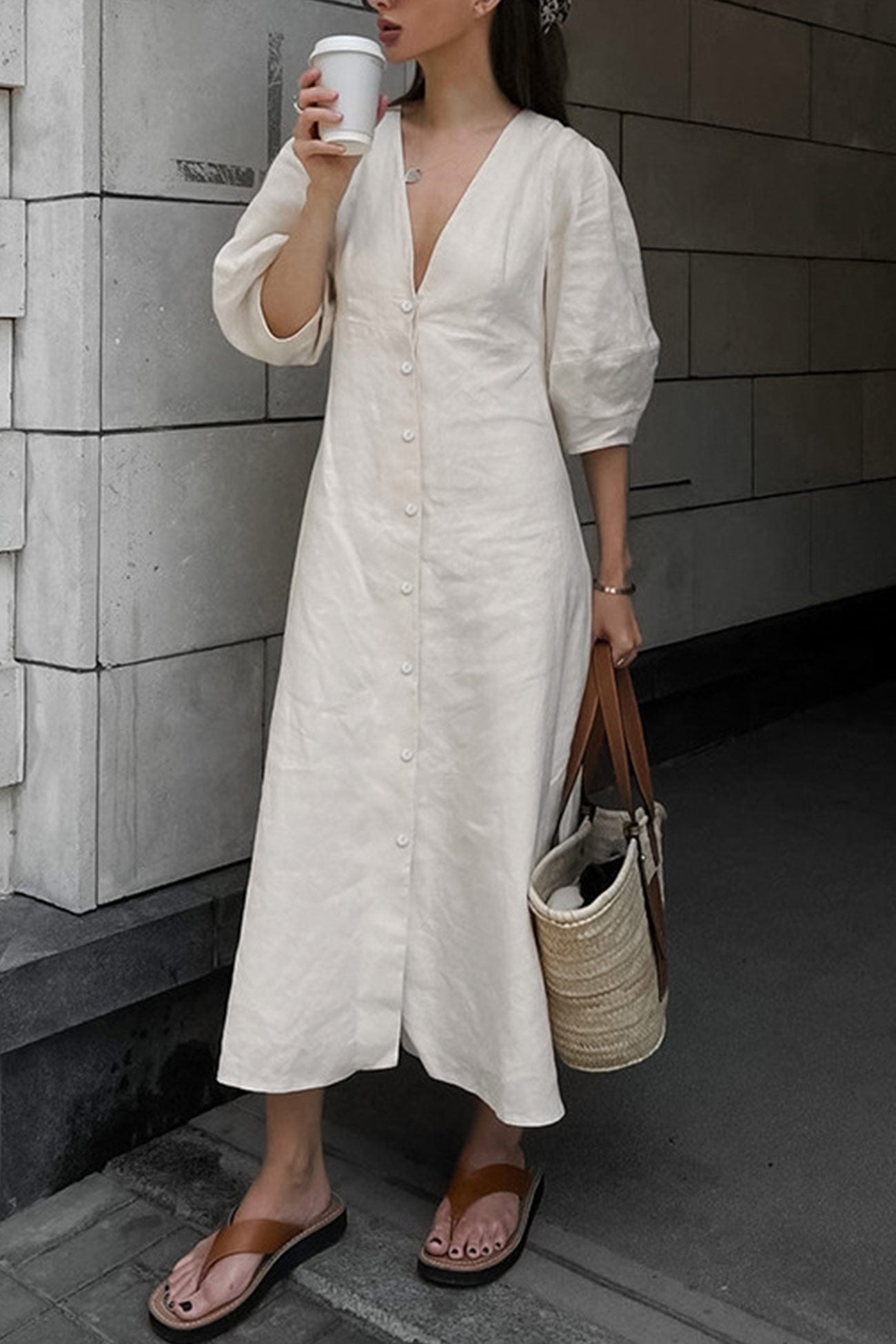 Deep V-Neck Puff Sleeve Button Front Linen A-Line Midi Dress