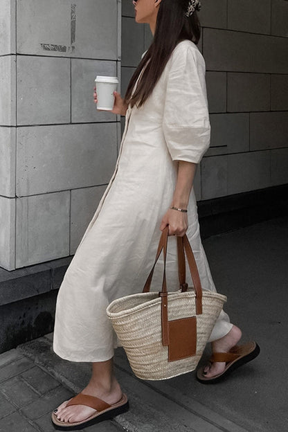 Deep V-Neck Puff Sleeve Button Front Linen A-Line Midi Dress