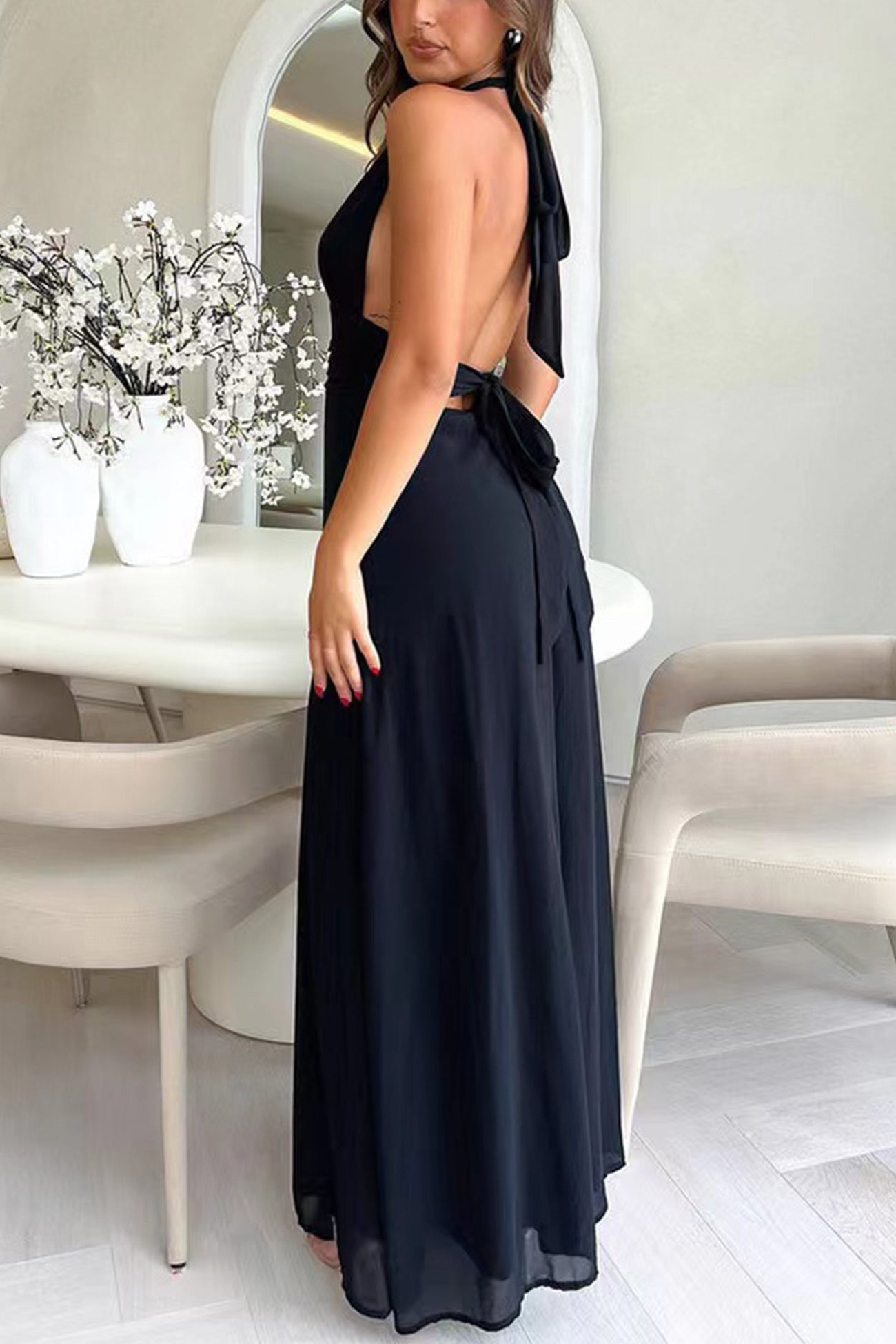 Halter Deep V-Neck Ruched Waist Tie Back High Slit Maxi Dress