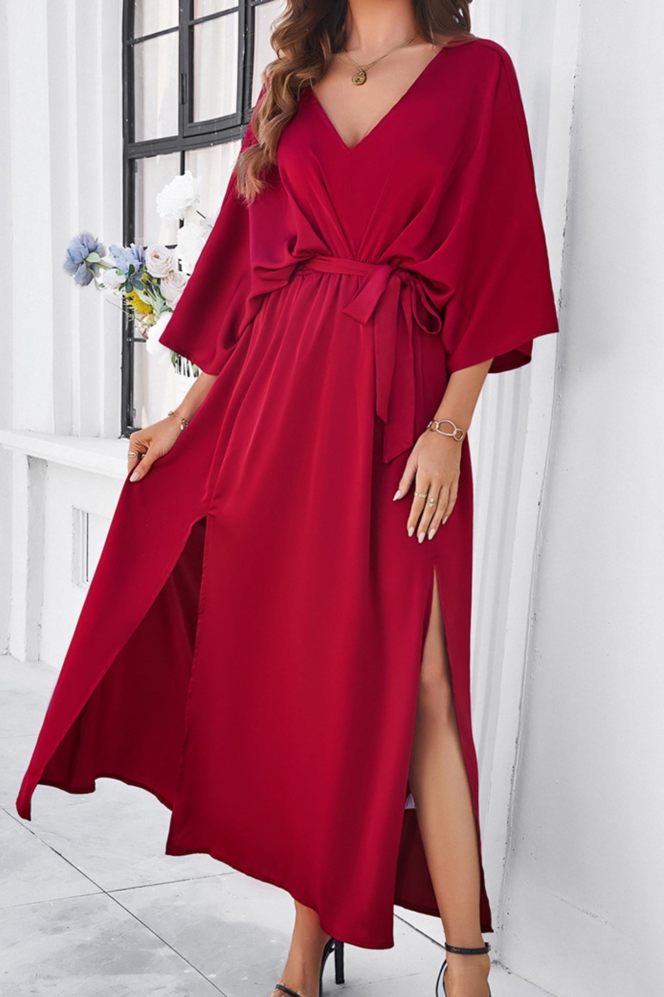 V Neck Tie-waist Slit Dress