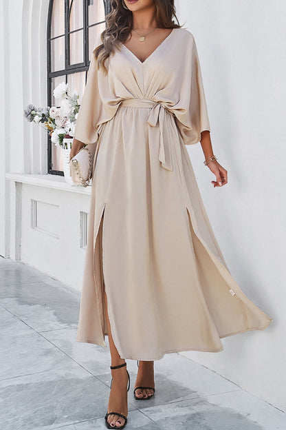 V Neck Tie-waist Slit Dress