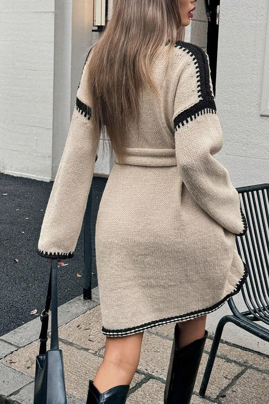 V-neck Tie-waist Loose Knitted Dress