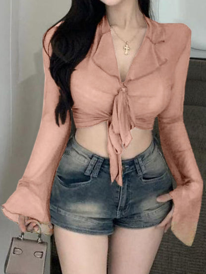 Lace Up Sheer Mesh Cropped Long Sleeve Blouse