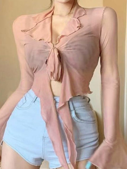 Lace Up Sheer Mesh Cropped Long Sleeve Blouse