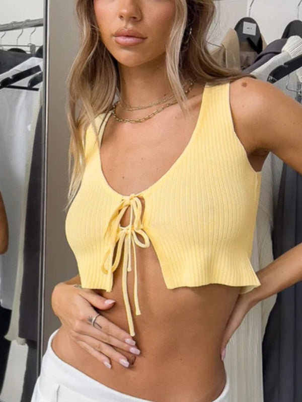 Lace-up Navel Cutout Knit Crop Top