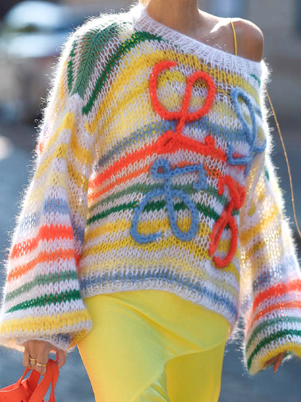 Rainbow Contrast Stripe Pullover Sweater