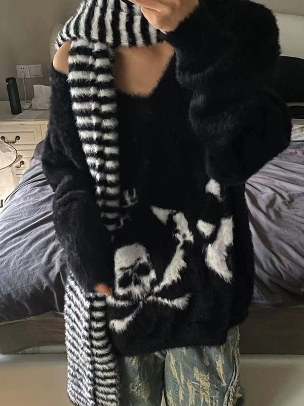 Skull Print V Neck Loose Sweater