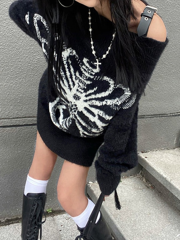 Skeleton Print Off Shoulder Loose Sweater