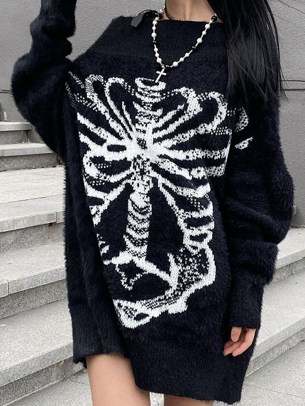Skeleton Print Off Shoulder Loose Sweater