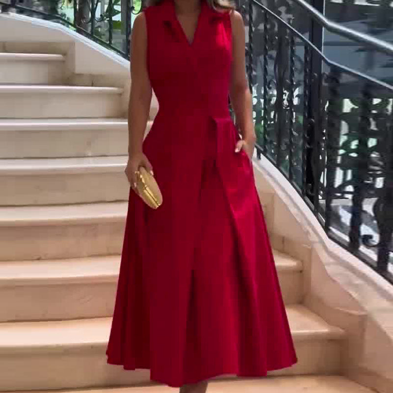 Sleeveless Notched Lapel V-Neck Wide-Leg Jumpsuit with Front Overlay