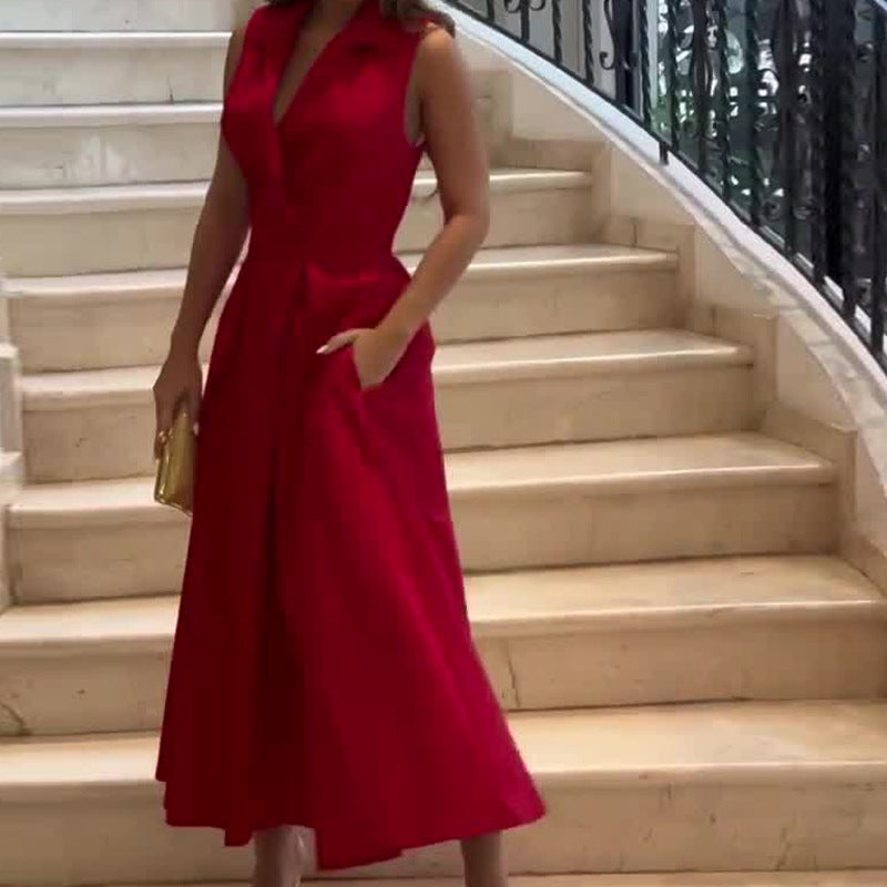 Sleeveless Notched Lapel V-Neck Wide-Leg Jumpsuit with Front Overlay