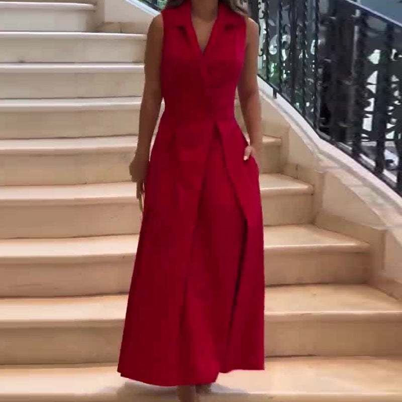 Sleeveless Notched Lapel V-Neck Wide-Leg Jumpsuit with Front Overlay