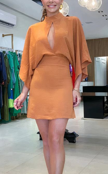 Mock Neck Front Cut Out Kimono Sleeve Mini Dress
