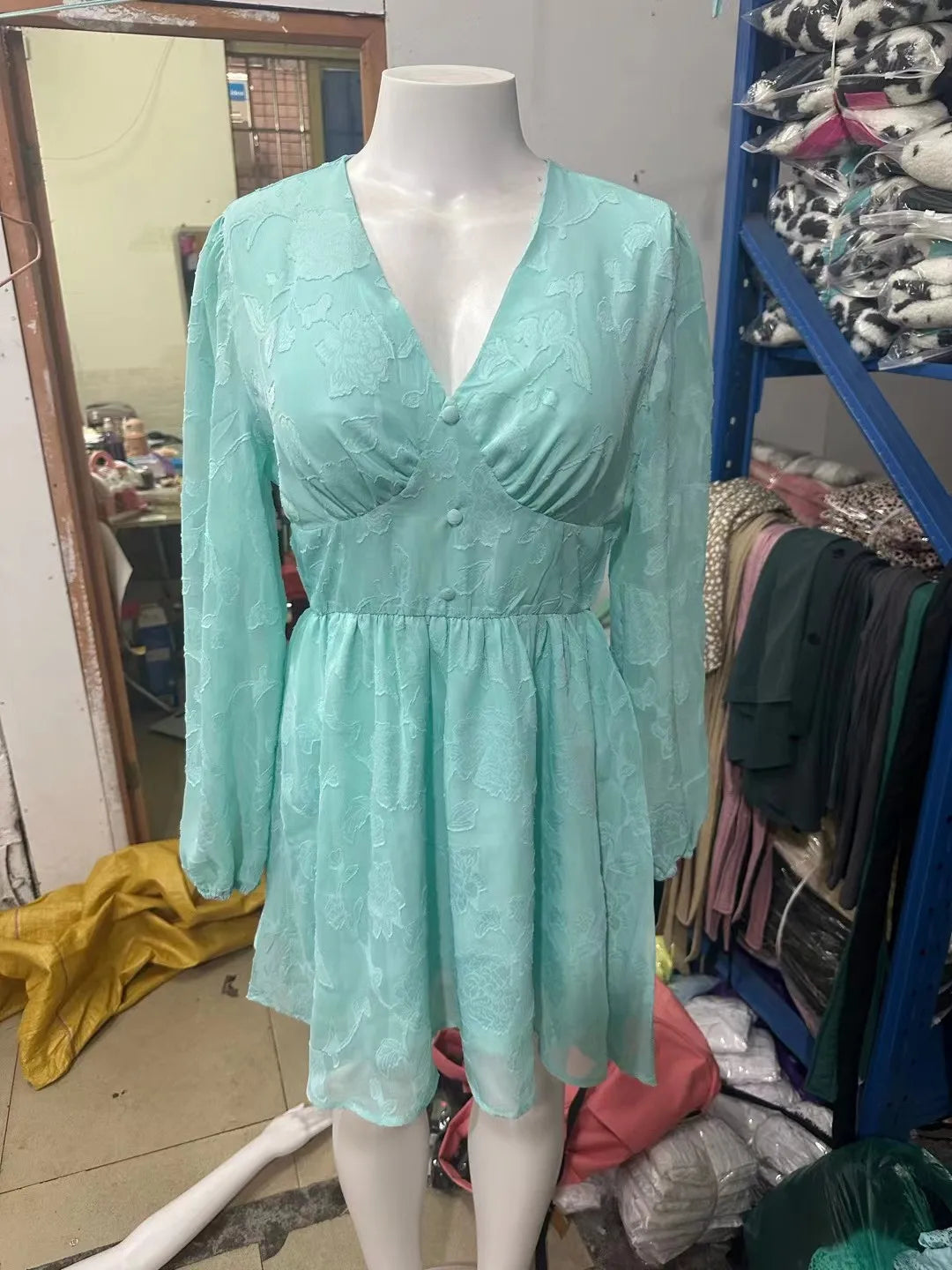 DressBetty - 2024 Sexy Long Sleeve Green Plunge A-Line Mini Boho Dress
