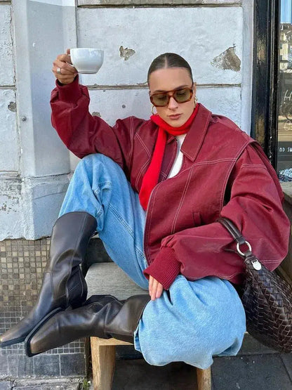 | Glossy vegan leather bomber jacket