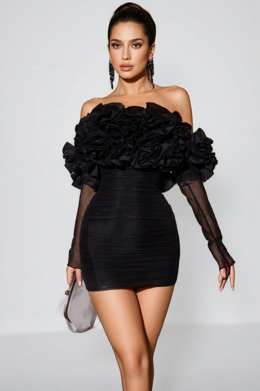 Inigo Off Sleeve Ruched Mesh Mini Dress