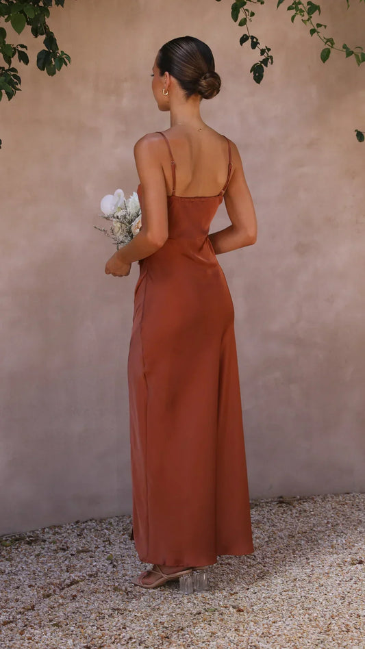 | Satin strappy slit maxi dress