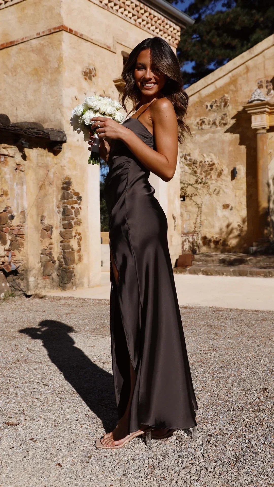 | Satin strappy slit maxi dress