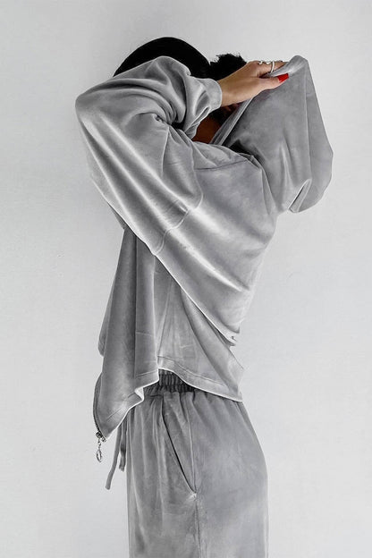 Velvet Hooded Zipper Two-Piece Sweatpants Set
